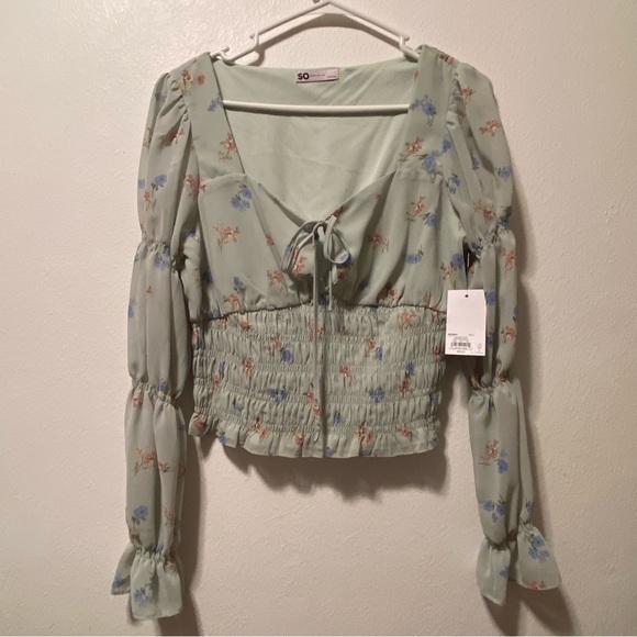 So‎ Top Women’s Size Large Sweetheart Smock Top Green Romantic Shirt - Picture 1 of 12